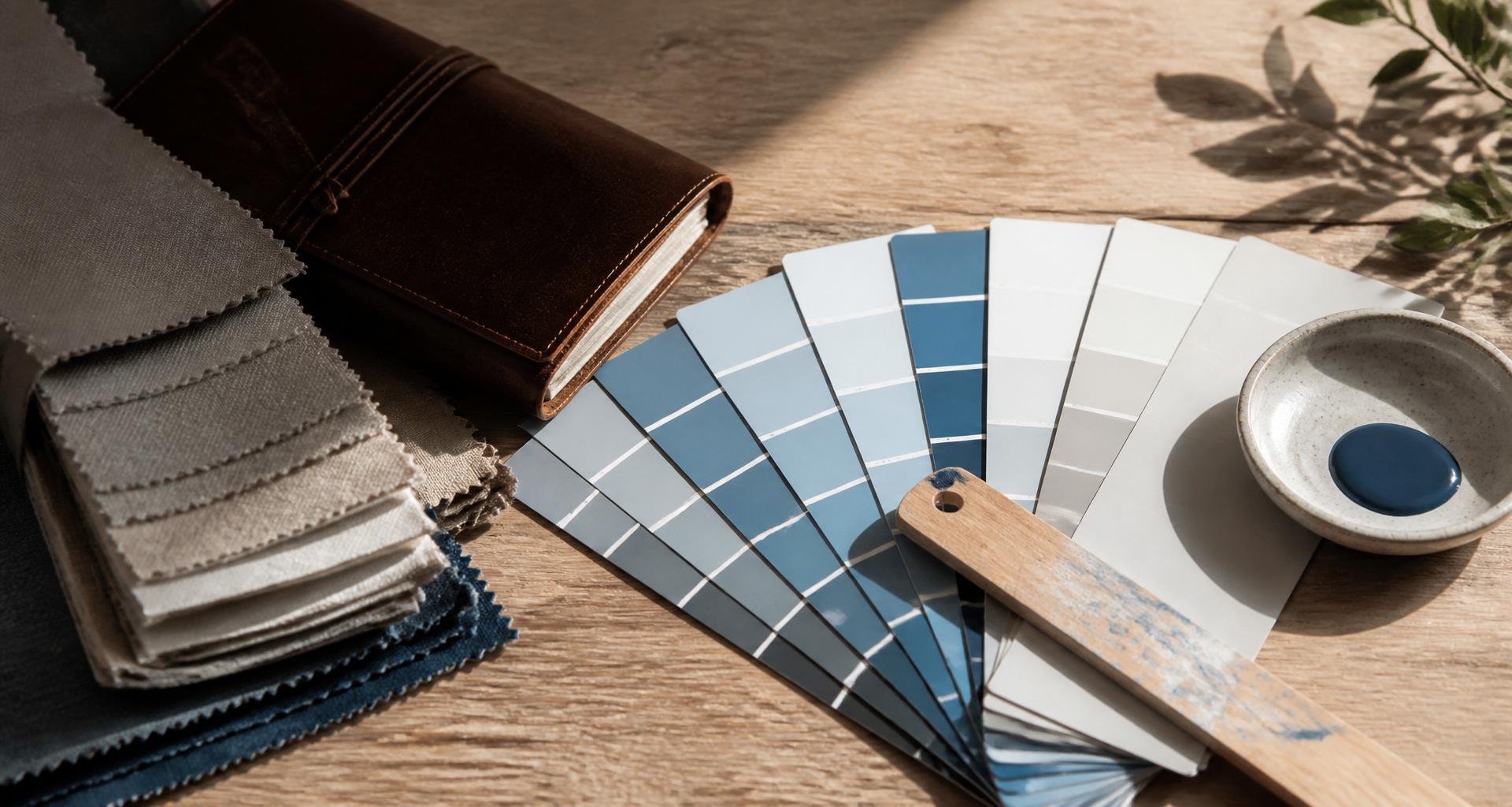 Painter's flat-lay of paint fan-deck, color swatches and notebook in natural directional light