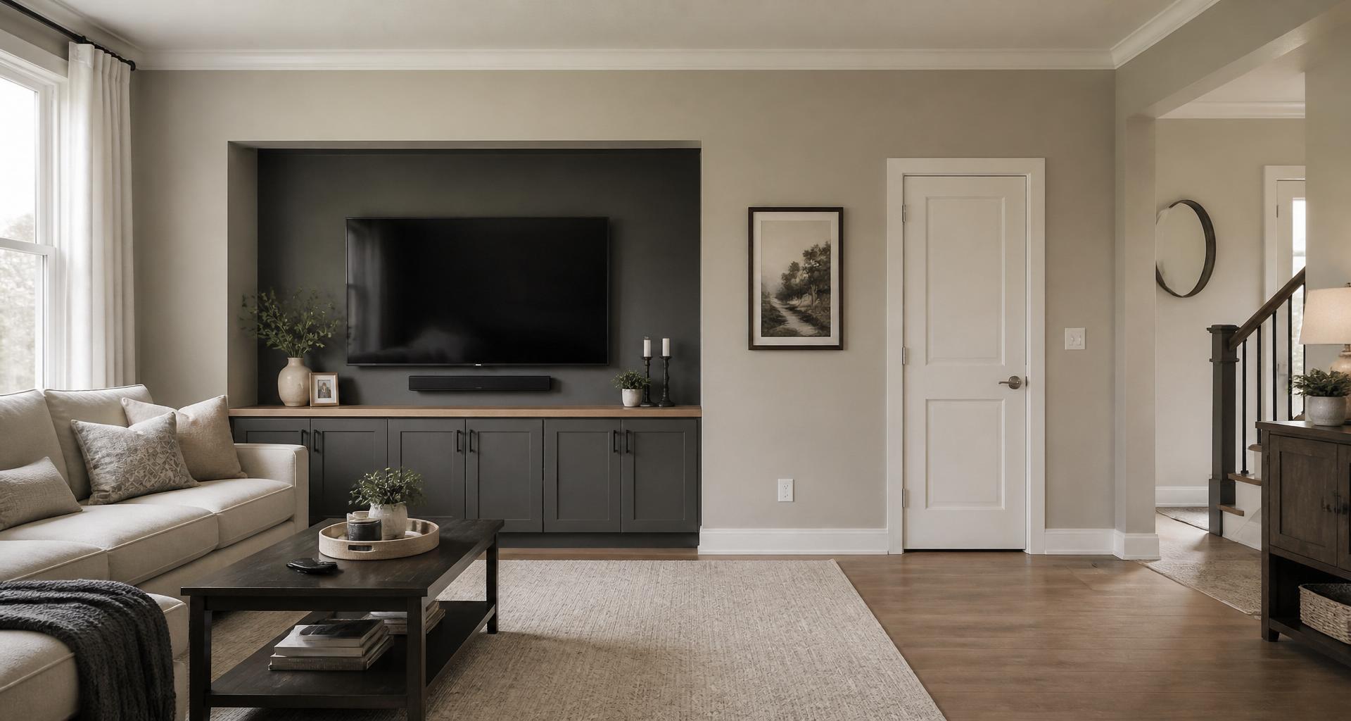 Freshly painted modern living room in warm greige with crisp white trim under natural daylight
